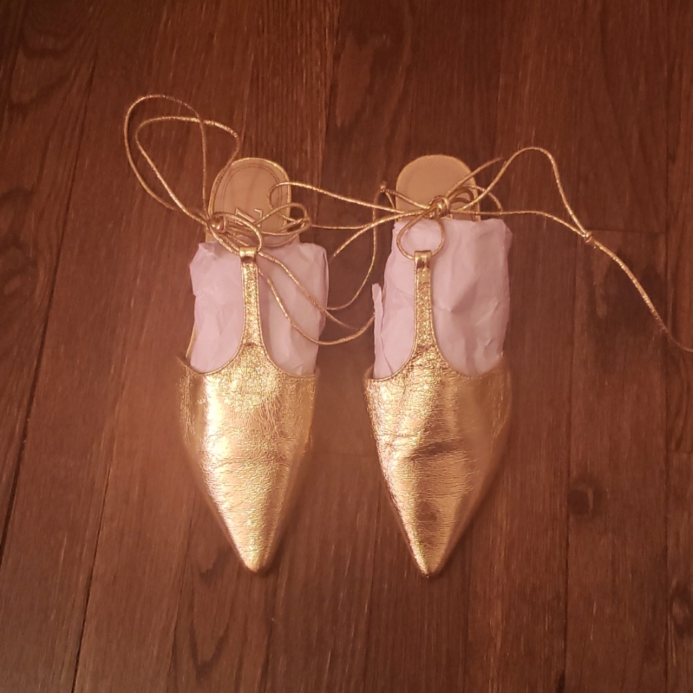 Zara Gold Tied T-Strap Mules Size 8 (39) Euro Size